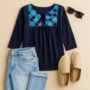 Boden Women's Blue 3/4 Sleeve Cotton Boho Embroidered Bib Tunic Top US 6 | UK 10